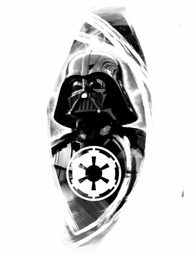 A black and white drawing of darth vader from star wars.