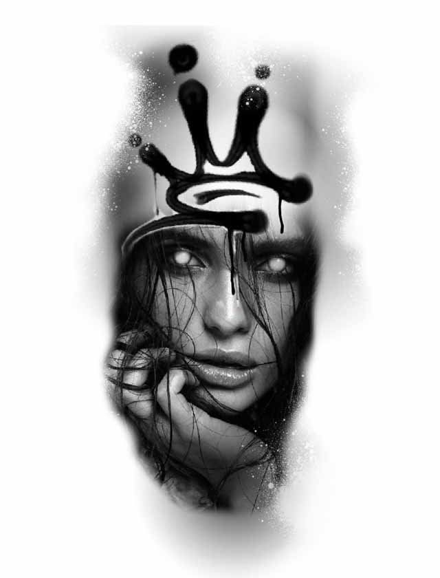 A black and white drawing of a woman with a crown on her head.