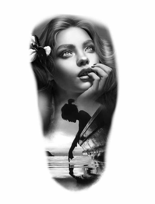 A black and white photo of a woman with a flower in her hair.