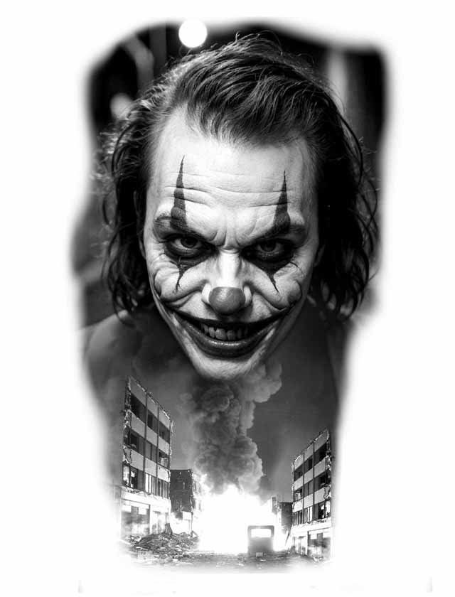 A black and white photo of the joker from the dark knight rises.