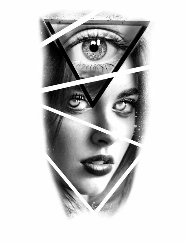 A black and white drawing of a woman 's face with an eye in a triangle.