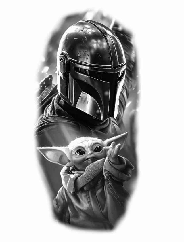 A black and white tattoo of a man in a helmet holding a baby yoda.