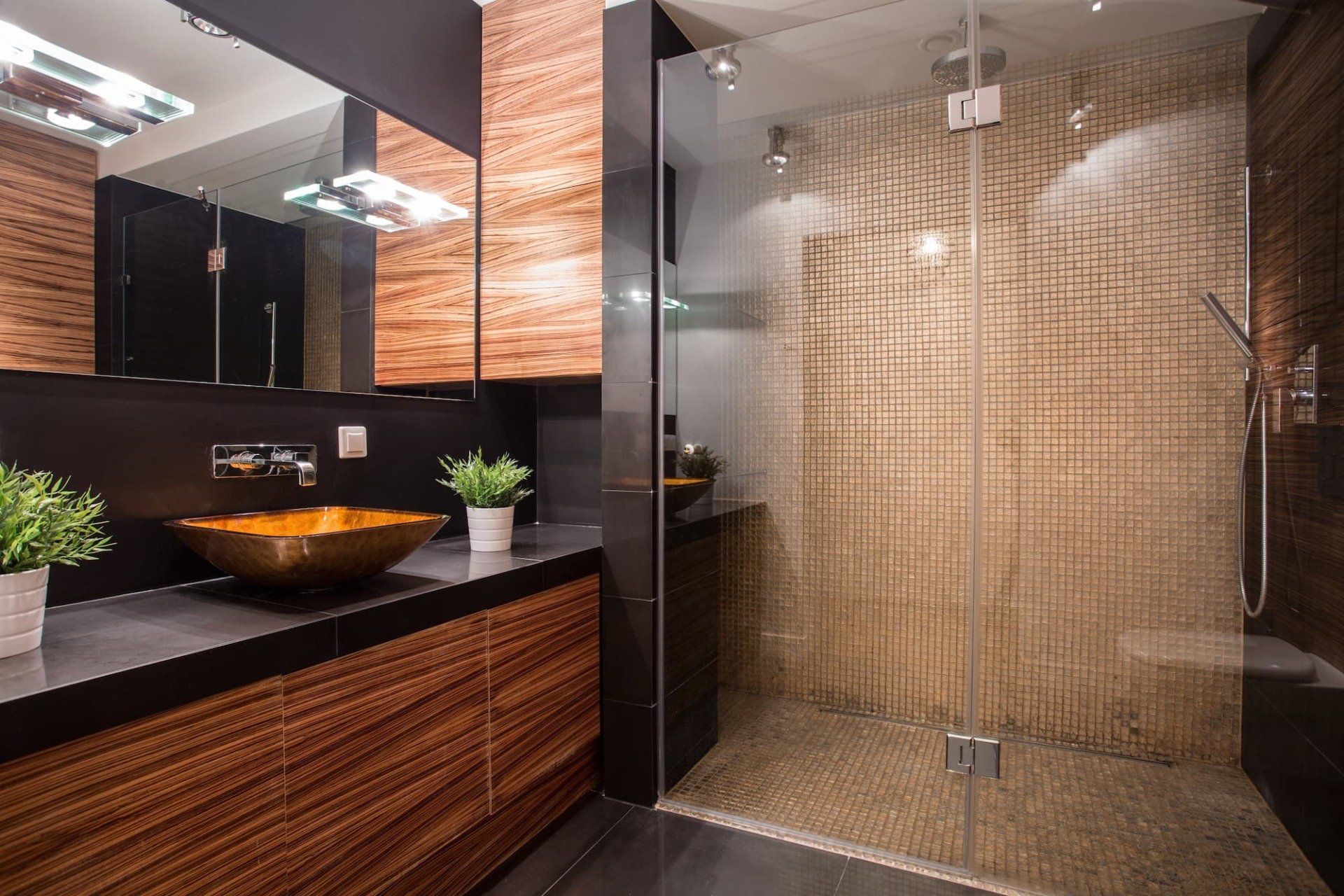 Bathroom With Amber Stone Sink — Bathroom & Laundry Renovations in Coomera, QLD