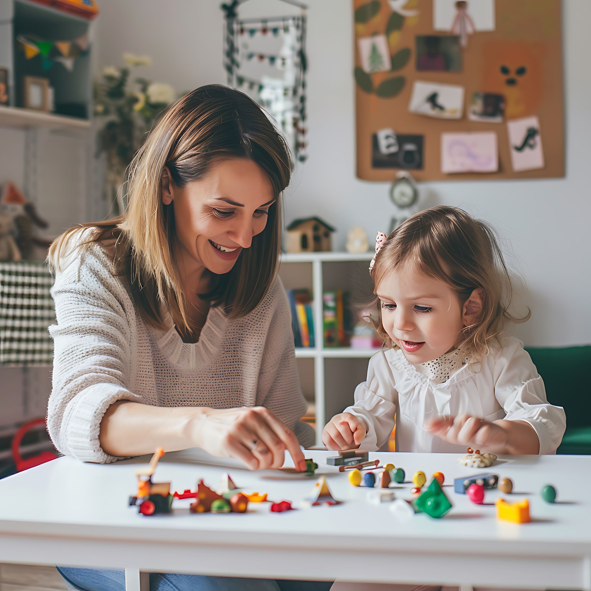 Daughter playing with legos with her mom