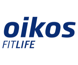 Un logo blu e bianco per oikos fitlife
