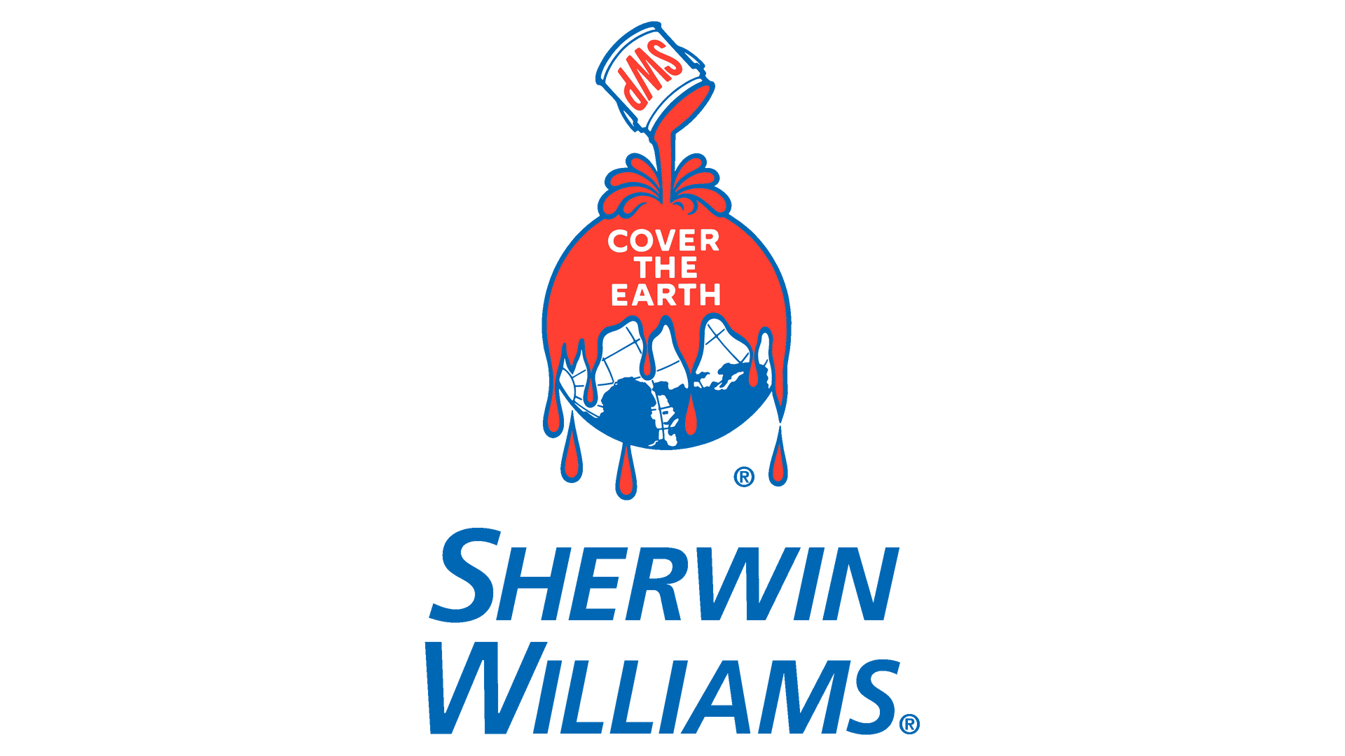 Sherwin-Williams logo: red paint pouring from can, covering a globe; 