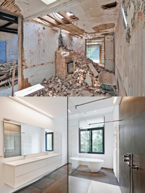 Before and after of a building that was being demolished and a brand-new bathroom with a big shower, free-standing bath and twin sinks. Before and after of a building that was being demolished and a brand-new bathroom with a big shower, free-standing bath and twin sinks.
