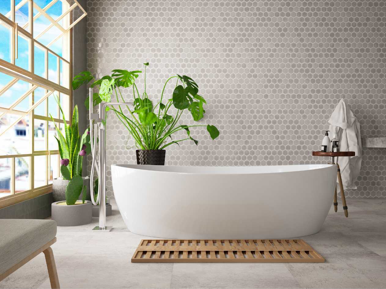 Modern bathroom with a white bath.