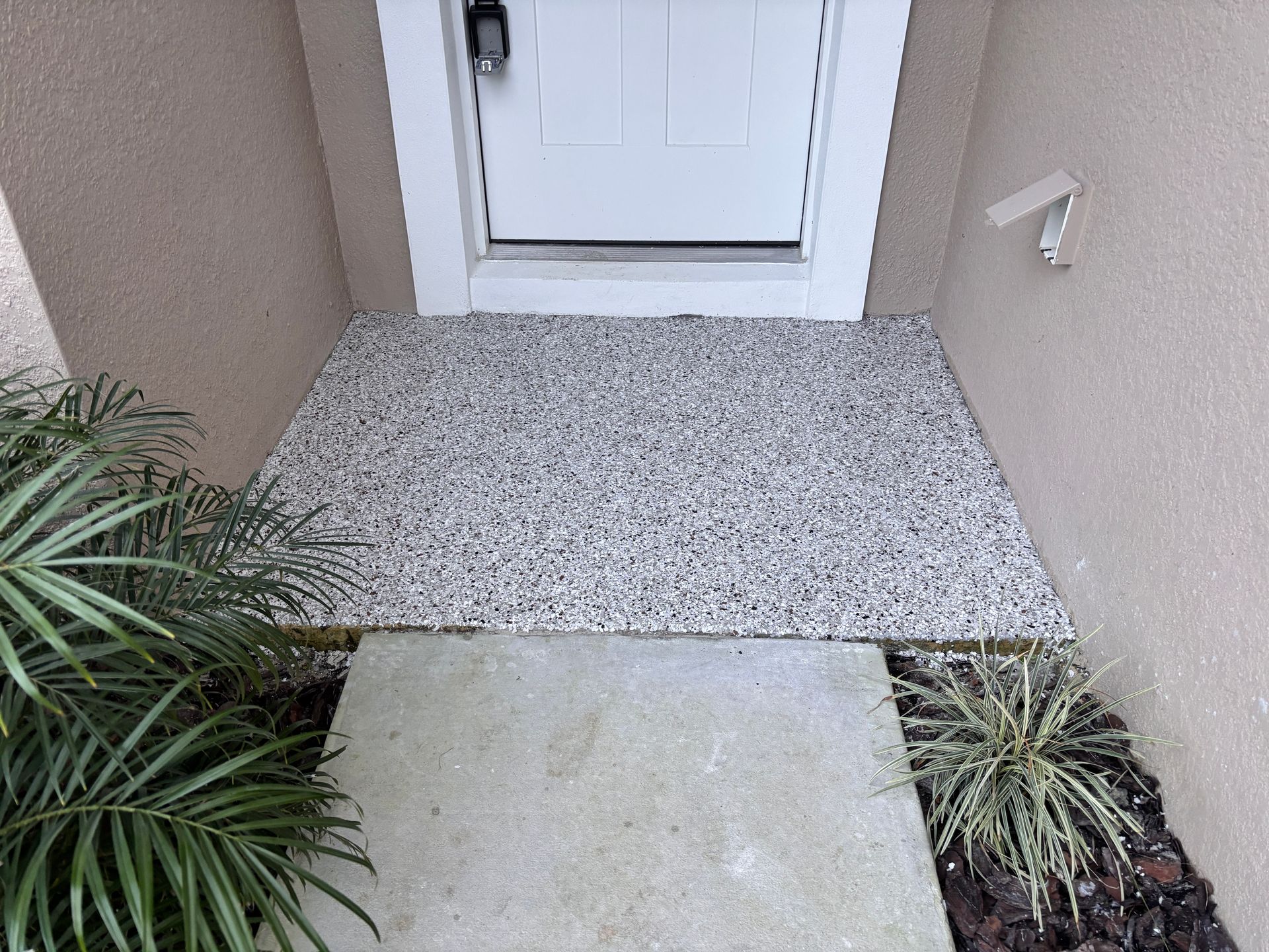 Front entry walkway with white door, pebble patio, and a concrete step bordered by plants