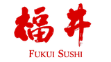 Red Japanese calligraphy logo with “FUKUI SUSHI” in red text below on a white background
