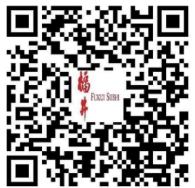 Black-and-white QR code with a small red logo and text in the center