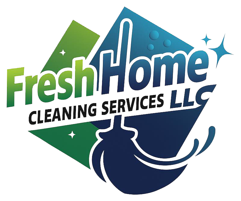 Logo for FreshHome Cleaning Services LLC with a stylized mop icon over a green and blue diamond background.