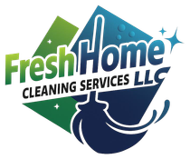 Logo for FreshHome Cleaning Services LLC with a stylized mop icon over a green and blue diamond background.
