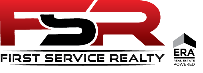 Logo for First Service Realty, red and black text, with ERA Real Estate logo.