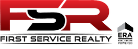 Logo for First Service Realty, red and black text, with ERA Real Estate logo.