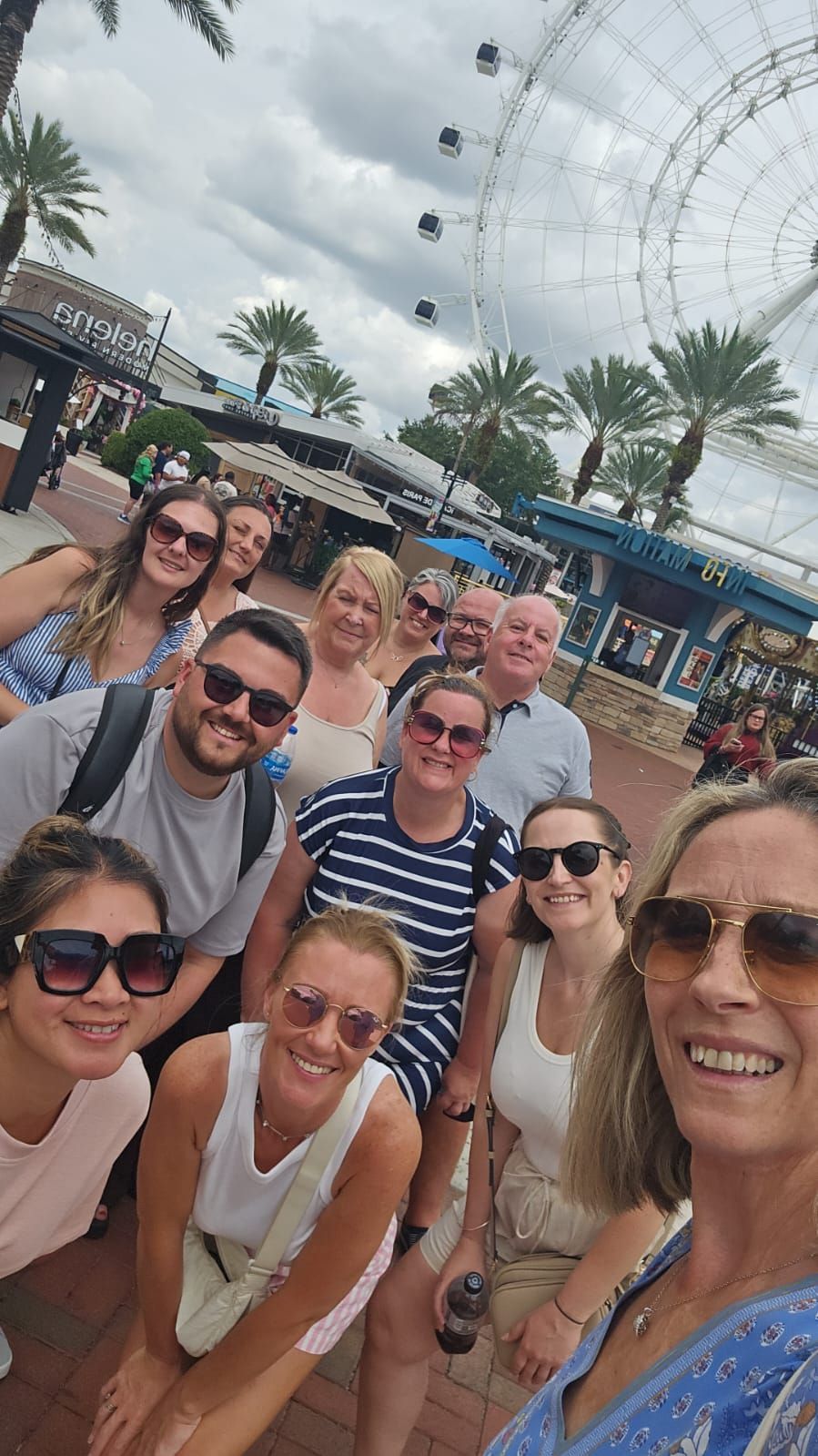 Group of smiling people taking a selfie at an outdoor amusement park with a Ferris wheel behind them