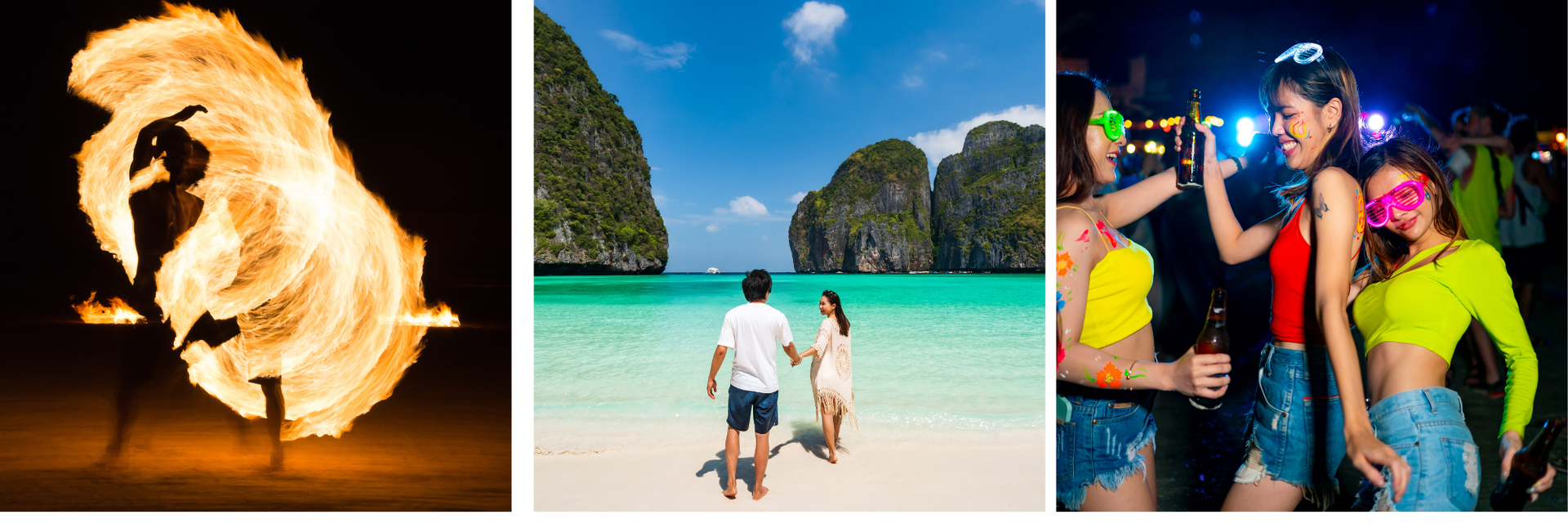 Three-panel collage: fire dance on beach, couple walking at Maya Bay, and neon night party