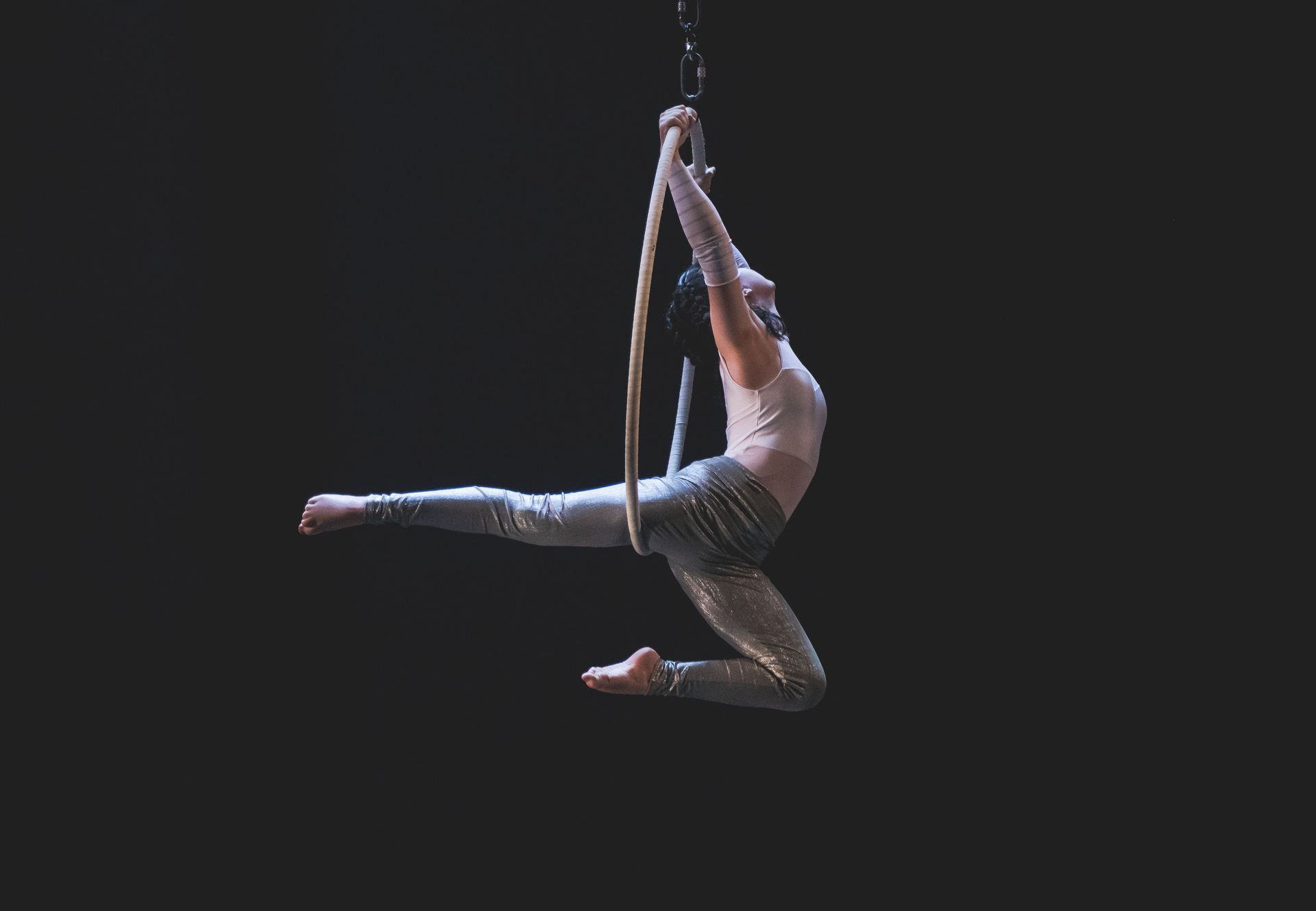 Two aerial acrobats performing on a hoop under purple stage lights