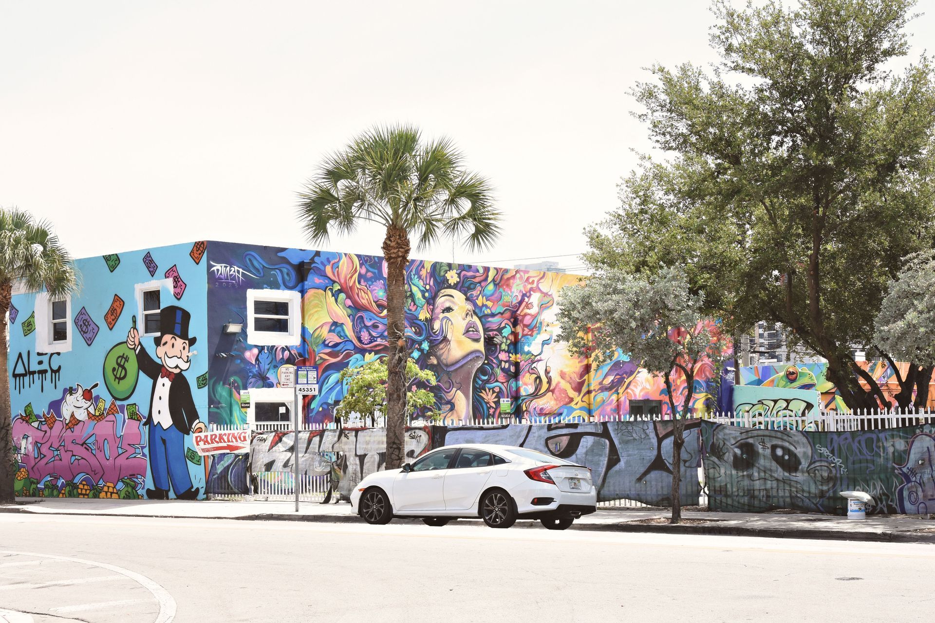 Colorful mural wall on a sunny street with a white car parked in front and trees nearby