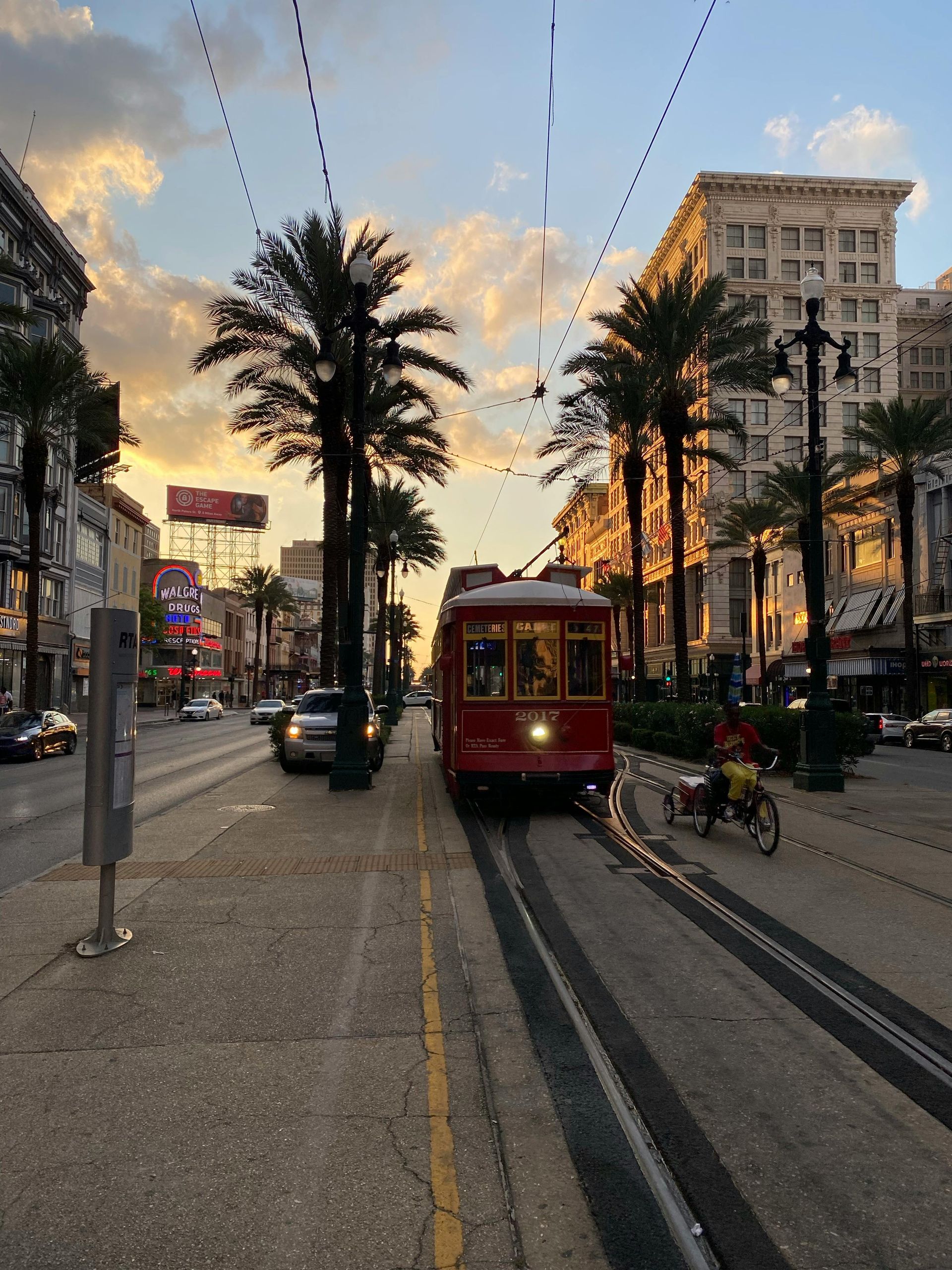 Red tram on tracks at sunset on a city street with palm trees and tall buildings