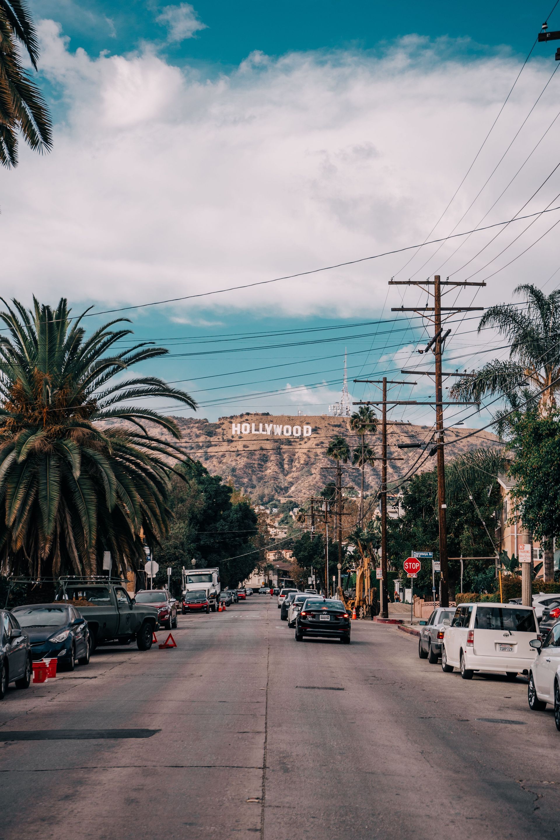 Street view with palm trees, parked cars, and a mountain backdrop under a cloudy sky