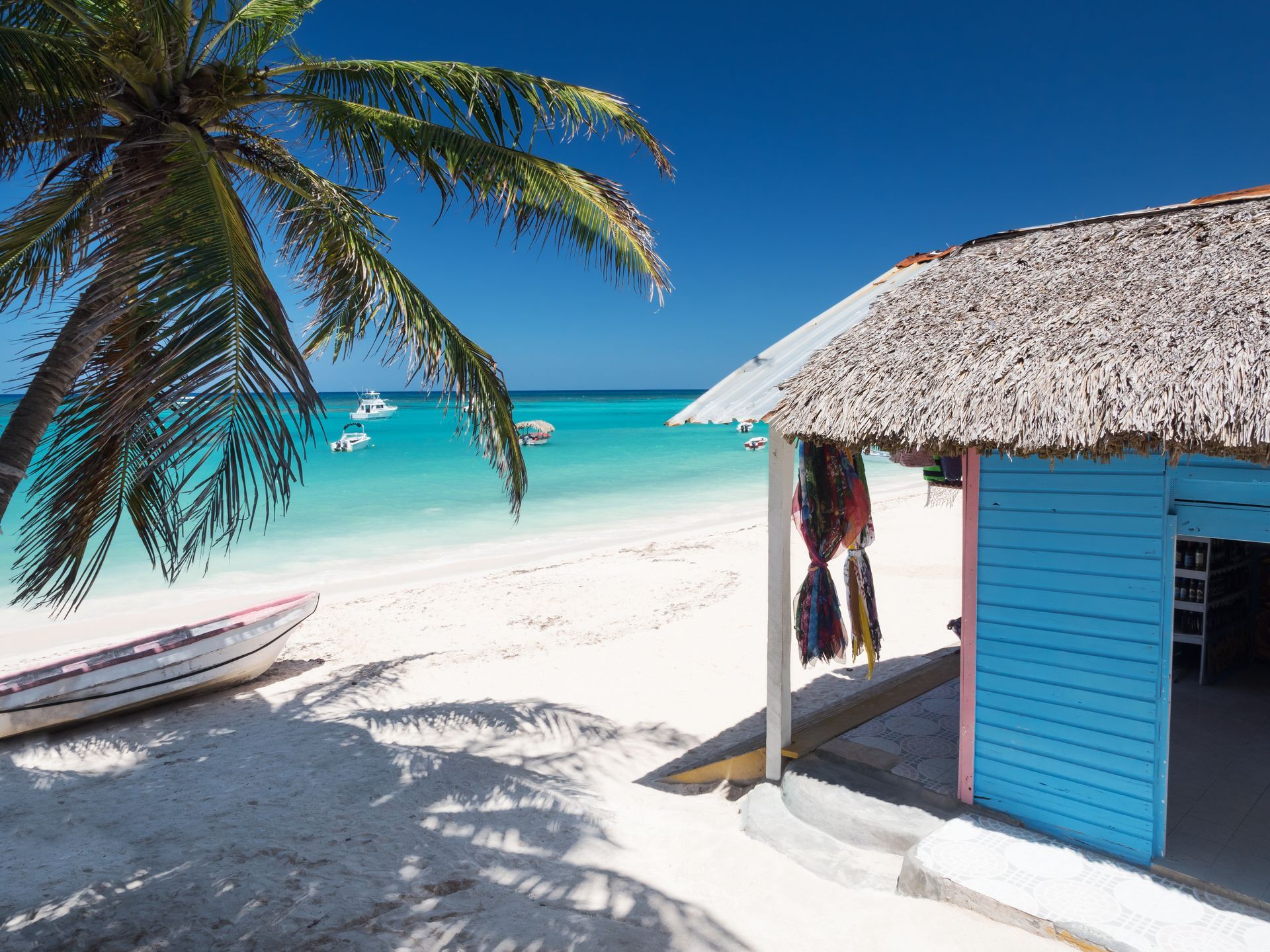 Tropical beach with palm trees, white sand, turquoise water, a boat, and a blue hut with a thatched roof