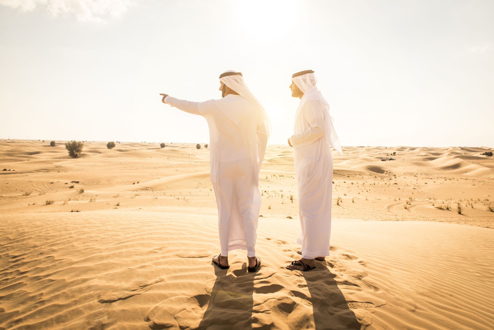 Two people in white robes standing in a desert, one pointing toward the horizon.