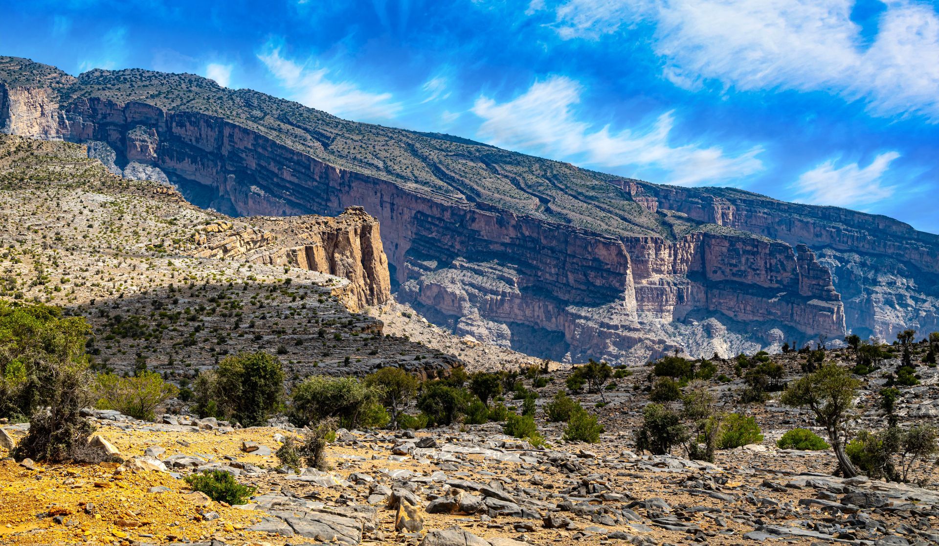 Rocky desert canyon with layered cliffs, sparse shrubs, and a bright blue sky with wispy clouds