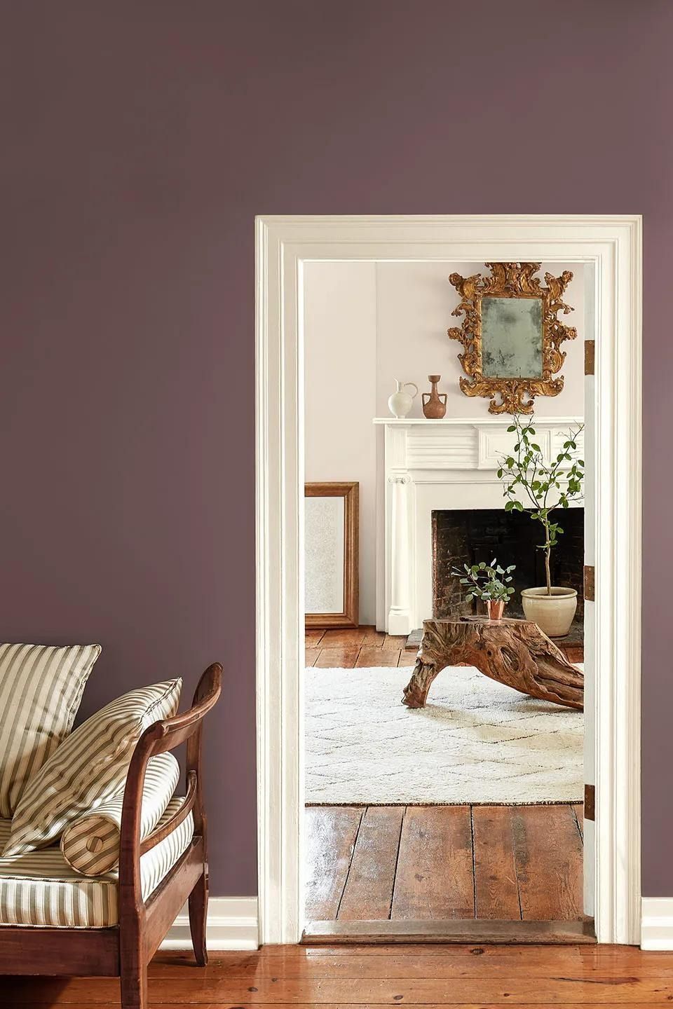A living room with purple walls and a fireplace.