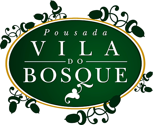 Logo verde e dourado da Pousada Vila do Bosque com ornamentos florais