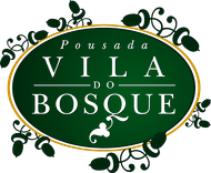 Logo verde e dourado da Pousada Vila do Bosque com ornamentos florais