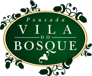 Logo verde e dourado da Pousada Vila do Bosque com ornamentos florais