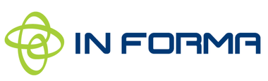 Un logotipo azul y verde para In Forma sobre un fondo blanco.
