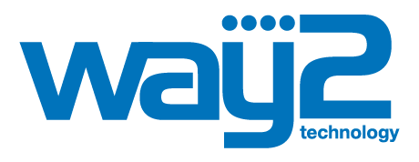 Un logotipo de tecnología Way2 de color azul sobre un fondo blanco.
