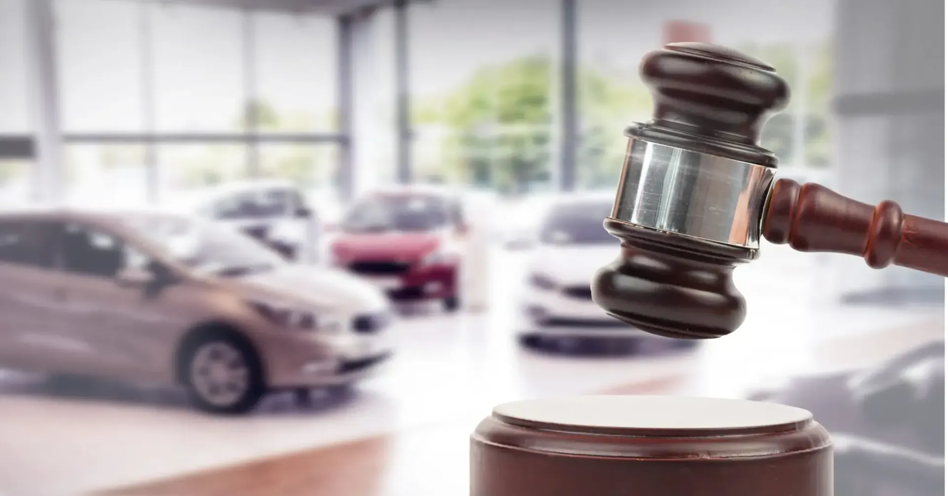 A wooden gavel positioned over its sounding block in front of a blurry car dealership showroom.