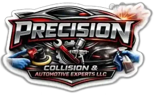 Logo for Precision Collision & Automotive Experts LLC featuring a stylized car, tools