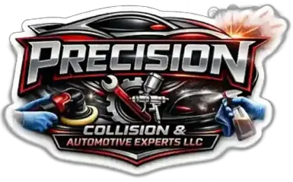 Logo for Precision Collision & Automotive Experts LLC featuring a stylized car, tools