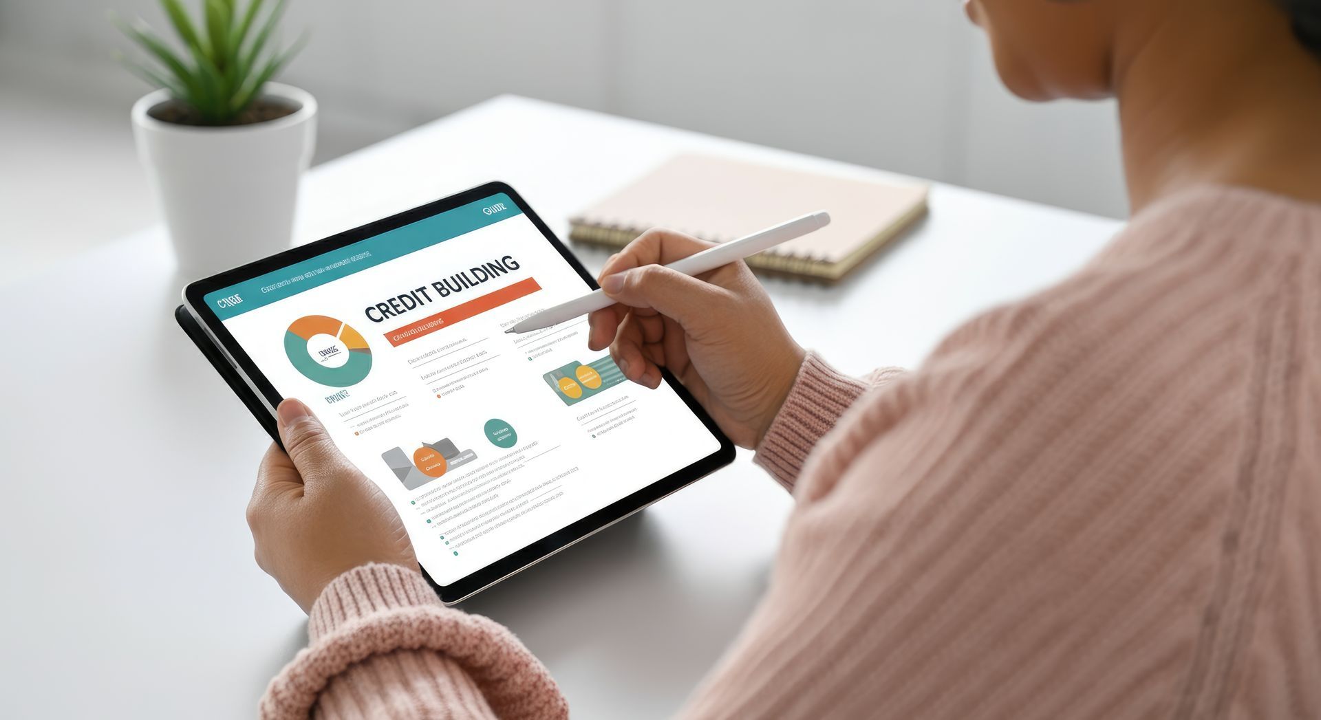 Person in a pink sweater uses a digital pen on a tablet showing financial charts at a desk