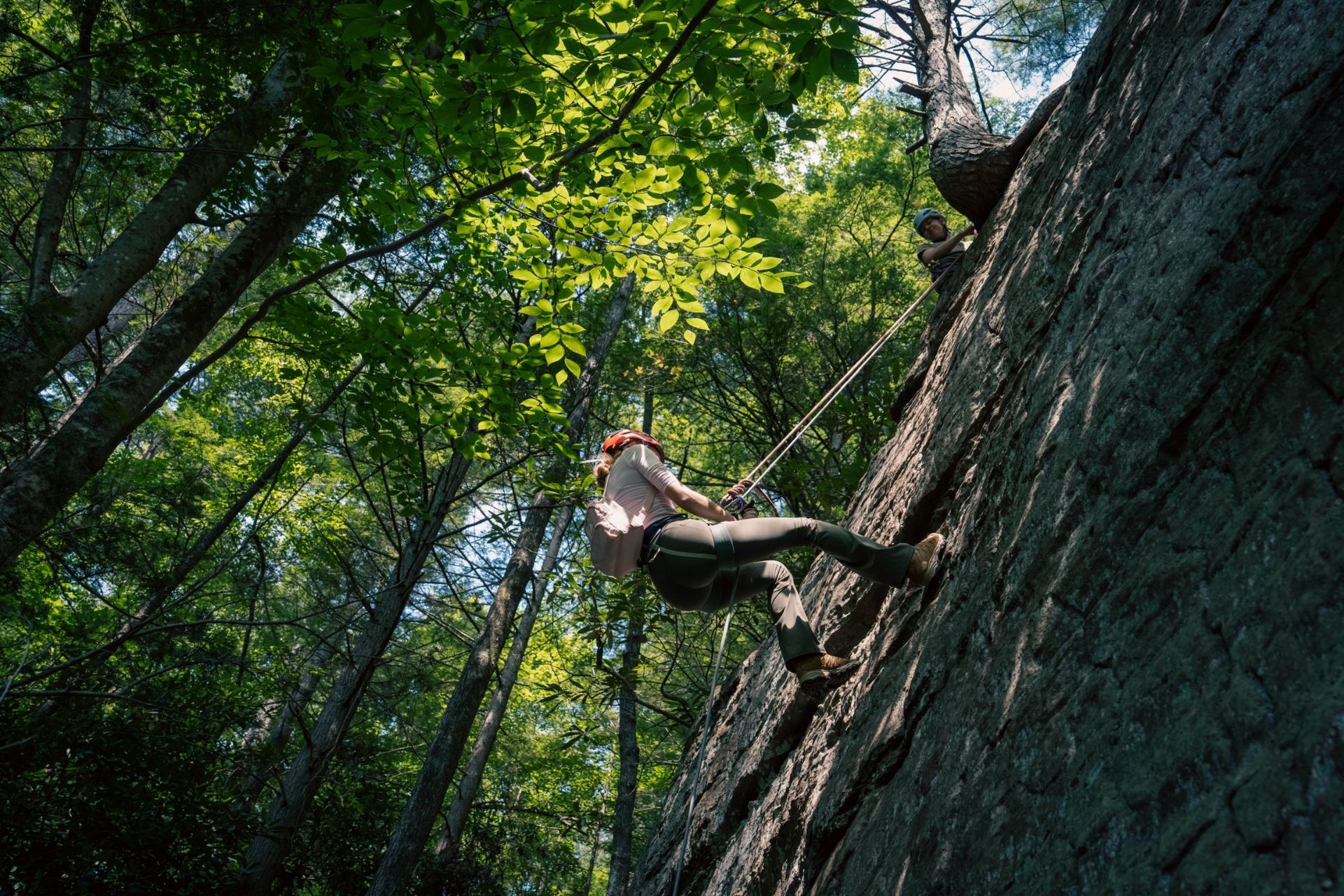 Rappeller descending a sandstone cliff in the Red River Gorge forest as a guide watches from the top