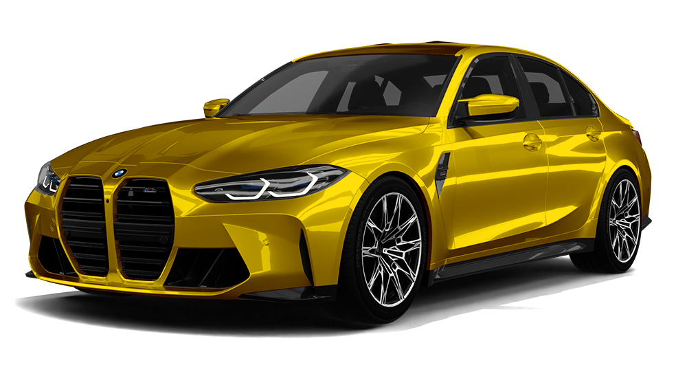 Yellow BMW sedan on a white background, front three-quarter view