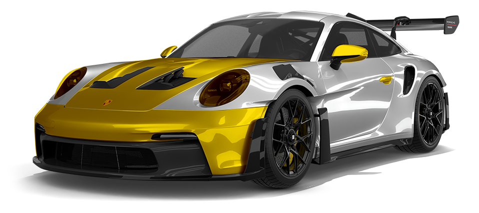 A gray porsche 911 with a yellow hood on a white background.