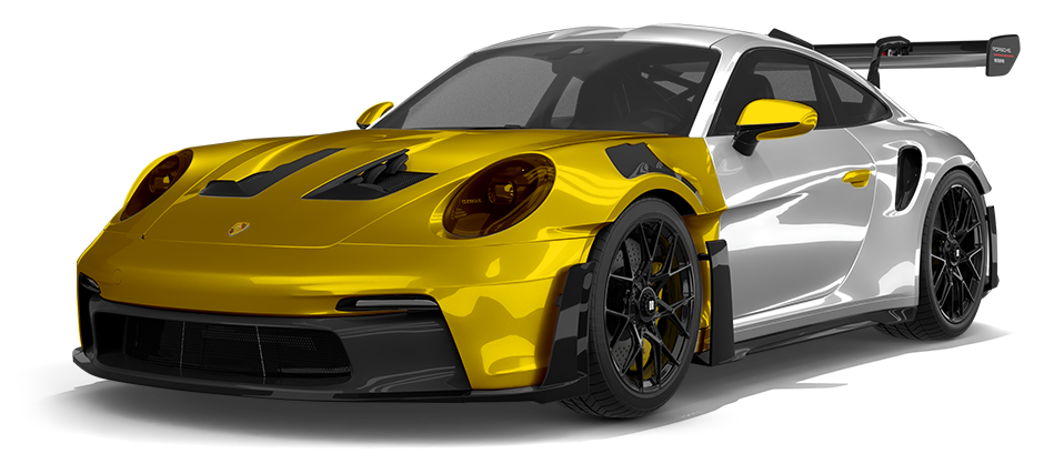 A gray porsche 911 with a yellow hood on a white background.