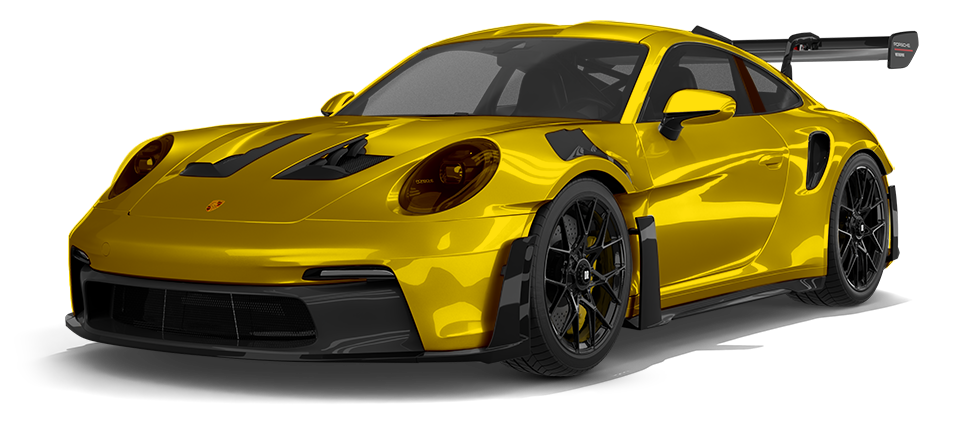 A gray porsche 911 with a yellow hood on a white background.
