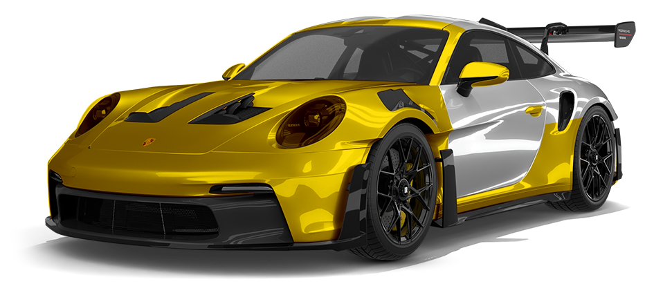 A gray porsche 911 with a yellow hood on a white background.