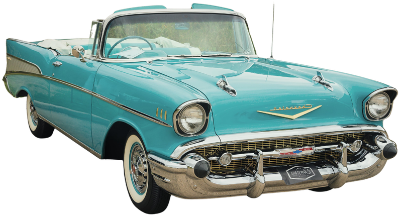 Turquoise 1950s Chevrolet Bel Air classic car, front-left view on white background