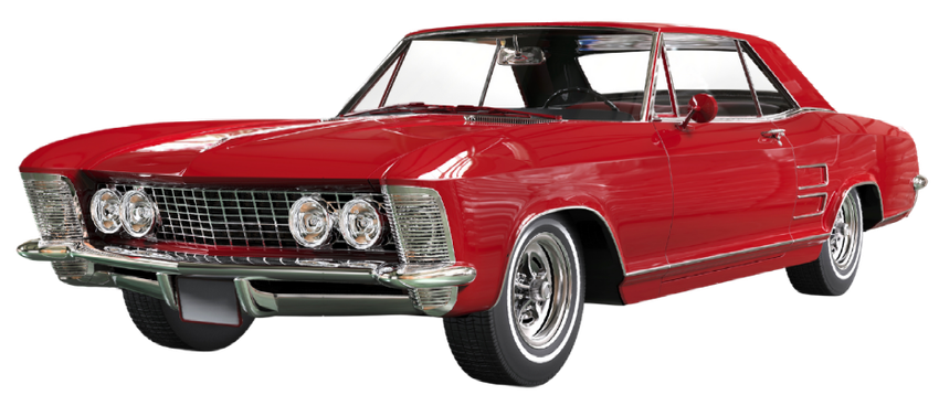Red classic muscle car in side view with chrome details on a white background