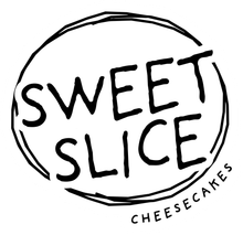 Black-and-white Sweet Slice Cheesecakes logo with hand-drawn circular border and bold text