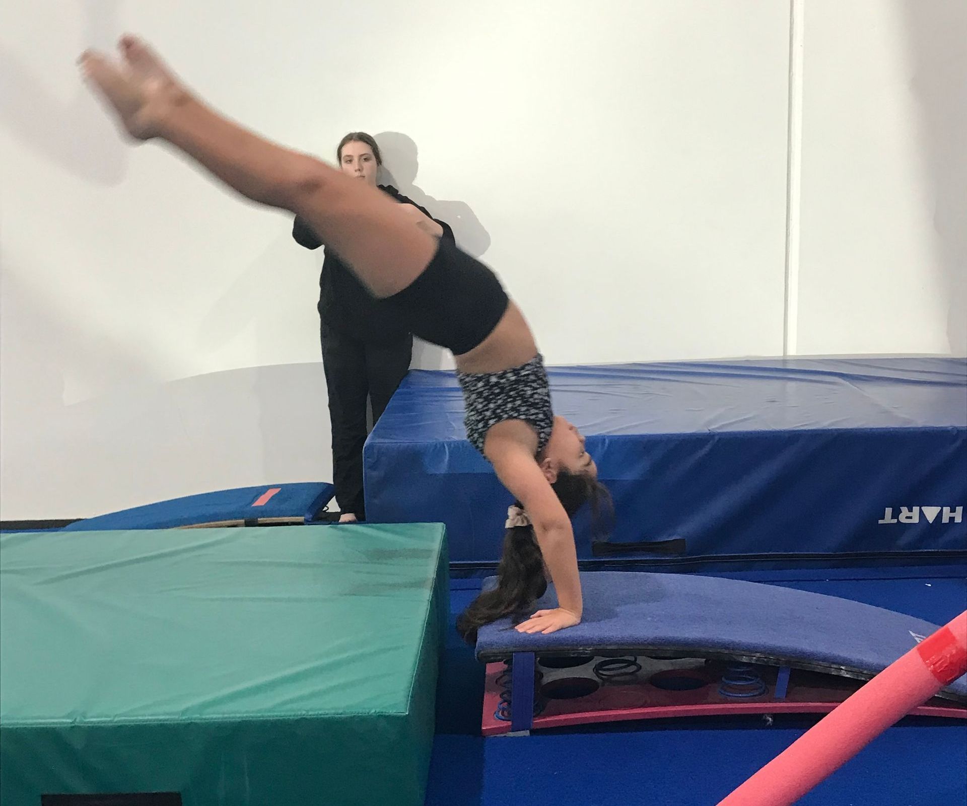 A woman is doing a handstand on a mat in a gym.