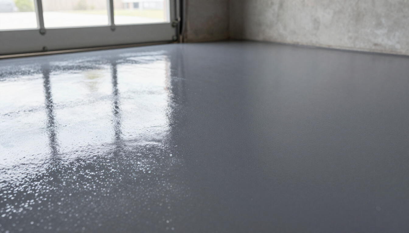 Low-angle view of a garage floor with a parked car in the background