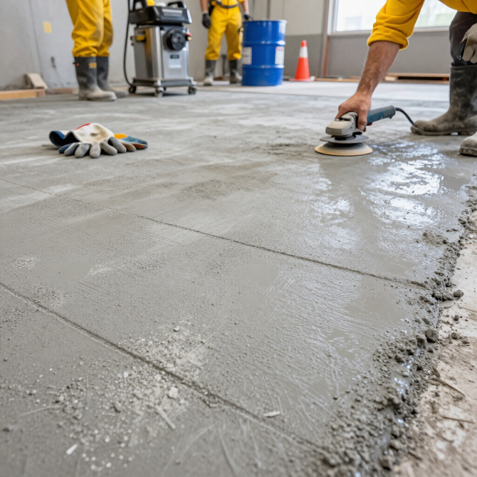 Worker smoothing fresh concrete with a trowel on a gray surface
